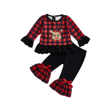 (12-18 Months, Red) 2-teiliges Weihnachtsoutfit für Babys und Mädchen: Langarm-Rüschenoberteil + Schlaghose, Kleinkinderkleidung