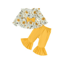 (3-4 Years, Yellow) Herbstoutfit für Kleinkinder: 2-teiliges Set mit langärmeligem Rüschenoberteil und ausgestellter Hose.