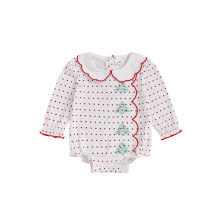 (3-6 Months, Beige) Combinaison de Noël pour bébé fille, imprimé à pois, manches longues, col poupée, broderie sapin, barboteuse