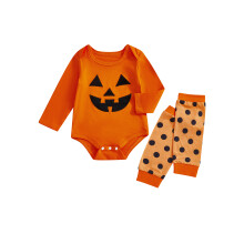 (3-6 Months, Orange) Ensemble 2 pièces pour bébé : barboteuse à manches longues et col rond, motif citrouille/baseball, et guêtres.