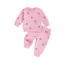 (12-18 Months, Pink) Kleinkind-Mädchen Winter-Outfit: 2-teiliges Set mit langärmeligem Kirsch-Sweatshirt und Jogginghose.