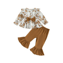 (3-4 Years, Coffee) Herbstoutfit für Kleinkinder: 2-teiliges Set mit langärmeligem Rüschenoberteil und ausgestellter Hose.