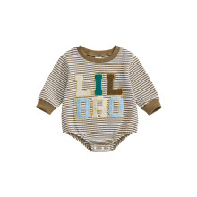 (0-3 Months, Beige) Kisfiú őszi csíkos overál, hosszú ujjú, kerek nyakú, betűs hímzésű romper