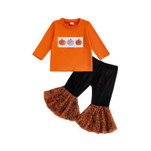 (18-24 Months, Orange) Halloween-Hosen-Set für Mädchen: Langarmshirt mit Kürbis-/Geisterstickerei und Schlaghose