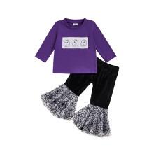 (6-12 Months, Purple) Halloween-Hosen-Set für Mädchen: Langarmshirt mit Kürbis-/Geisterstickerei und Schlaghose