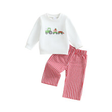 (2-3 Years, White) Herbstoutfit für Kleinkinder (Jungen): Langarm-Pullover mit Erdbeer-LKW-Stickerei + karierte Hose (2-teilig)