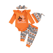 (0-3 Months, Orange) Herbstoutfit für Babys & Mädchen: Langarm-Strampler, Hose mit Kürbisprint, Stirnband, Hut – Halloween-Kleidung
