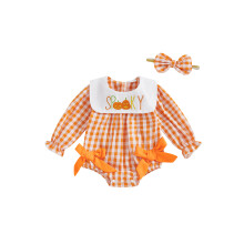 (12-18 Months, Yellow) Combinaison bébé fille à carreaux automne-Halloween, broderie citrouille, col rond, manches longues, avec bandeau.