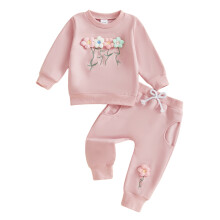 (18-24 Months, Pink) Herbstoutfit für Kleinkinder: 3D-Blumen-Pullover mit langen Ärmeln + lange Hose mit elastischem Bund, 2-teiliges Set