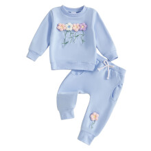 (3-4 Years, Blue) Herbstoutfit für Kleinkinder: 3D-Blumen-Pullover mit langen Ärmeln + lange Hose mit elastischem Bund, 2-teiliges Set