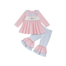 (6-12 Months, Pink) Kleinkind-Mädchen-Set mit besticktem Weihnachtsmann, langärmligem Rüschenoberteil und Schlaghose, 2-teilig