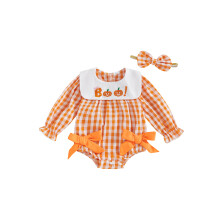 (3-6 Months, Orange) Combinaison bébé fille à carreaux automne-Halloween, broderie citrouille, col rond, manches longues, avec bandeau.