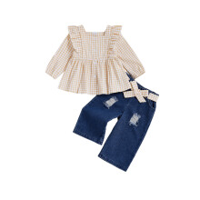 (2-3Y, Khaki) Herbstoutfit für Kleinkinder: Kariertes Langarmhemd mit Knöpfen und zerrissene Jeans mit Gürtel
