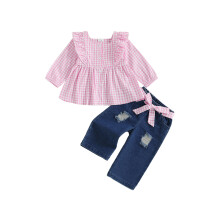 (18-24 Months, Pink) Herbstoutfit für Kleinkinder: Kariertes Langarmhemd mit Knöpfen und zerrissene Jeans mit Gürtel