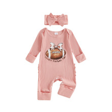 (0-3 Months, Pink) Ensemble 2 pièces bébé fille : barboteuse côtelée à manches longues foot/golf, bandeau à nœud.