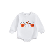 (0-3 Months, White) Combinaison-sweat bébé Halloween à manches longues et col rond, imprimée citrouille et fantôme
