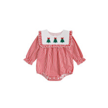 (0-3 Months, Red) Combinaison de Noël pour bébé fille, rayée, volants, sapin, manches longues, vêtement adorable hiver automne