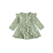 (0-3 Months, Green) Ensemble 2 pièces bébé fille : barboteuse manches longues, col rond, imprimé marguerites, nœud papillon et bandeau.