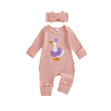 (3-6M, PURPLE) Ensemble 2 pièces bébé fille : barboteuse côtelée à manches longues foot/golf, bandeau à nœud.