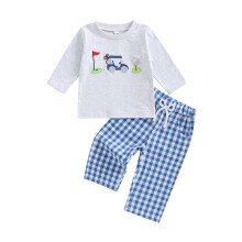(12-18 Months, Gray) Herbstkleidung für Kleinkinder: Langärmeliger Pullover mit Golfstickerei, karierte Hose