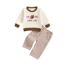 (6-12 Months, Coffee) Podzimní outfit pro děti - roztomilá mikina s dlouhým rukávem, mašlí a výšivkou, plus kostkované kalhoty.