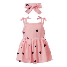 (3-6 Months, Pink) Dívčí letní 2dílné oblečení bez rukávů s potiskem srdíček/třešní + čelenka, set pro novorozence