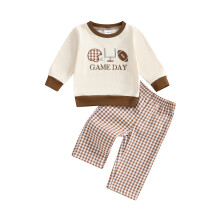 (18-24 Months, Apricot) Podzimní outfit pro děti - roztomilá mikina s dlouhým rukávem, mašlí a výšivkou, plus kostkované kalhoty.