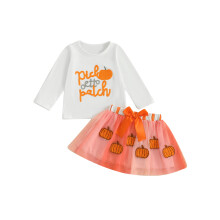 (4-5 Years, Orange) Dívčí Halloween 2PCS Sukně Oblečení Dlouhý Rukáv Písmeno Dýňová Výšivka Topy A-Line Tylová Sukně Sada