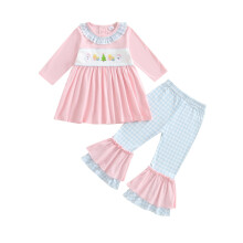 (5-6 Years, Pink) Kinder-Mädchen-Hosen-Set, langärmeliges besticktes T-Shirt mit karierter Schlaghose, Weihnachtsoutfit