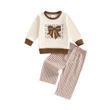 (3-4 Years, Khaki) Podzimní outfit pro děti - roztomilá mikina s dlouhým rukávem, mašlí a výšivkou, plus kostkované kalhoty.
