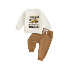 (4-5 Years, Apricot) Dětský dvoudílný outfit pro chlapce, mikina s potiskem bagru a tepláky, podzimní styl