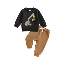 (3-4 Years, Black) Dětský dvoudílný outfit pro chlapce, mikina s potiskem bagru a tepláky, podzimní styl