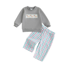 (18-24 Months, Light Grey) Podzimní oblečení pro chlapečka, dlouhý rukáv, kulatý výstřih, 2 ks s kostkovanými kalhotami.