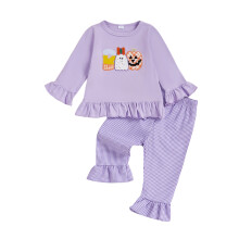 (6-12 Months, Purple) 2dílné halloweenské oblečení pro holčičky, dlouhý rukáv, mikina s potiskem dýně a kostkované kalhoty.