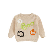 (9-12 Months, Khaki) Dziewczęcy sweter na Halloween z długim rękawem i okrągłym dekoltem, z haftowanym napisem „Duch Dynia”