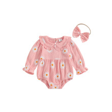 (3-6 Months, Pink) Podzimní overal pro holčičku s dlouhým rukávem a límečkem pro panenky, sedmikráskami a čelenkou s mašlí