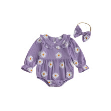 (6-12 Months, Purple) Podzimní overal pro holčičku s dlouhým rukávem a límečkem pro panenky, sedmikráskami a čelenkou s mašlí