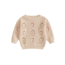(2-3 Years, Beige) Dziewczęcy sweter świąteczny z długim rękawem i okrągłym dekoltem, haftowany piernikowy wzór laski cukrowej