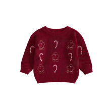 (4-5 Years, Red) Dziewczęcy sweter świąteczny z długim rękawem i okrągłym dekoltem, haftowany piernikowy wzór laski cukrowej