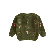 (18-24 Months, Green) Dziewczęcy sweter świąteczny z długim rękawem i okrągłym dekoltem, haftowany piernikowy wzór laski cukrowej