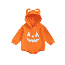 (0-3 Months, Orange) Dětská Halloween mikina Romper Casual Dýňový tisk s kapucí a dlouhým rukávem Overal pro novorozence