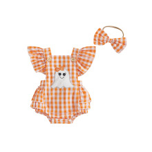 (6-12 Months, Orange) Halloweenský kostým pro miminka, holčička, kostkovaný s vyšívanými duchy, mašlí a čelenkou, sada 2 ks