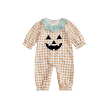 (12-18 Months, Orange) Salopetă de Halloween pentru bebeluși cu mânecă lungă, broderie dovleac, guler păpușă, carouri, nou-născuți.