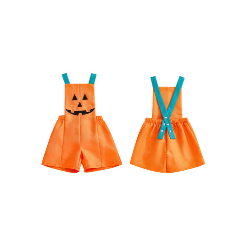 (3-4 Years, Orange) Φόρμα Halloween για κορίτσια, πορτοκαλί σορτς με τυπωμένη κολοκύθα. 1