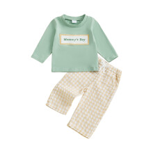 (3-6 Months, Light Green) Batolecí chlapeček, podzimní trička s dlouhým rukávem a vyšívanými písmeny, kostkované kalhoty, sada 2 kusů
