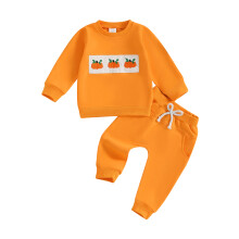 (6-12 Months, Orange) Batolecí miminko s dlouhým rukávem a vyšívanou dýní, 2 kusy, pro Den díkůvzdání a Halloween