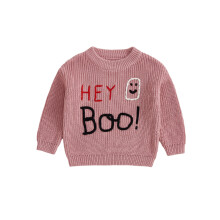 (3-4 Years, Pink) Dziewczęcy sweter na Halloween z długim rękawem i okrągłym dekoltem, z haftowanym napisem „Duch”