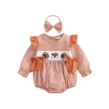 (12-18 Months, Orange) Podzimní oblečení pro holčičky, mašle, vyšívaná kostkovaná sukně a overal s čelenkou, sada 2 kusů