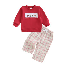 (3-6 Months, Red) Chlapecká podzimní 2dílná sada s dlouhým rukávem a kostkovanými kalhotami