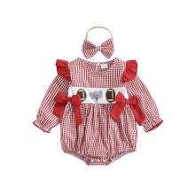 (6-12 Months, Scarlet) Podzimní oblečení pro holčičky, mašle, vyšívaná kostkovaná sukně a overal s čelenkou, sada 2 kusů